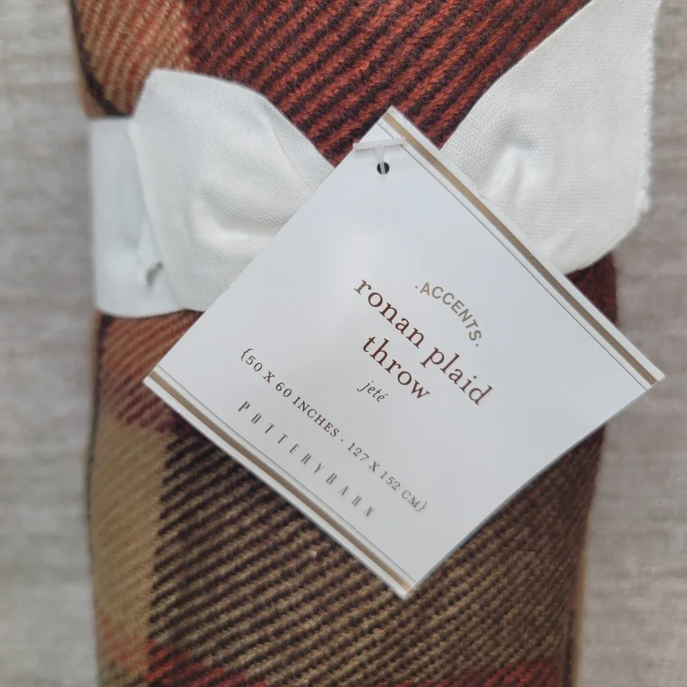 Pottery Barn Ronan Plaid Throw Blanket Brown Tan Orange 50x60 NEW w Tags Fall